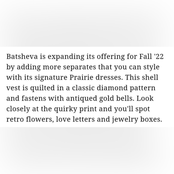 NWT Batsheva Bell Button Quilted Shell Love Letters Vest Womens Size 12 - Picture 9 of 16